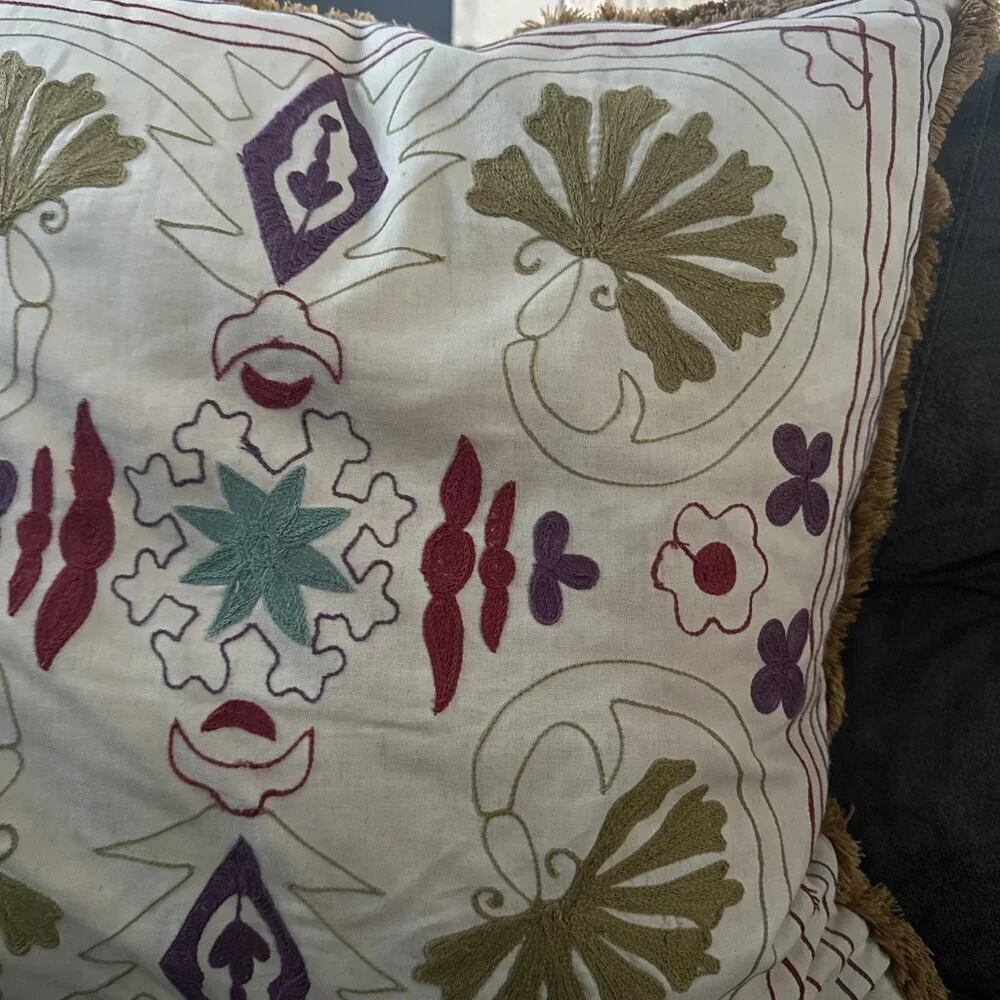 Vintage Hand Crafter Feather Filled Embroidered Pillow 25”x25” Boho Cottagecore